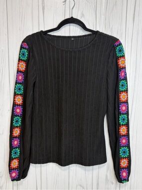 UNBRANDED Black Ribbed Multicolor Crochet Granny Square Long-Sleeve, Medium